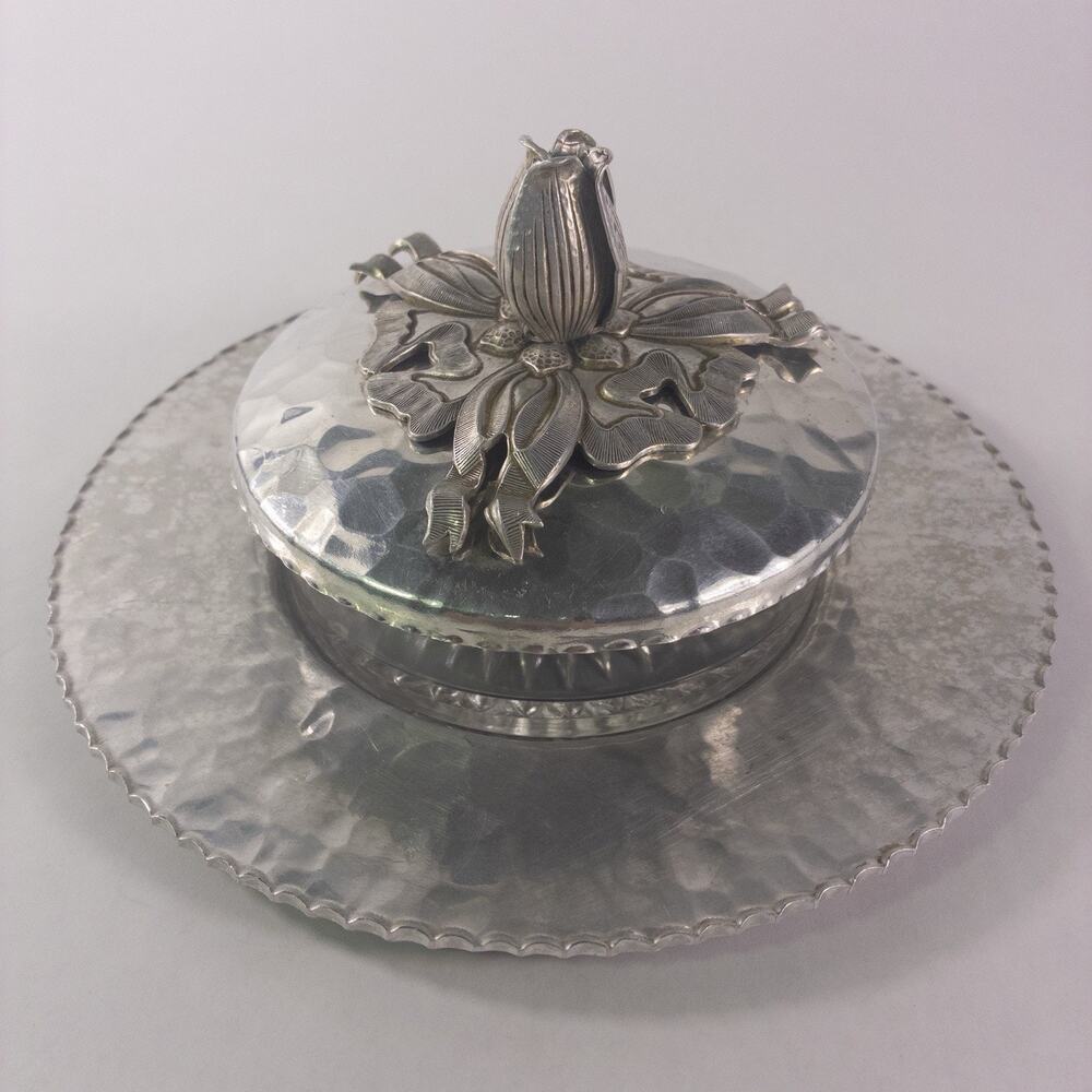1940s-50s Rodney Kent Hand Wrought Aluminum #437 Dish Tulip Cover & 8" Plate Vtg